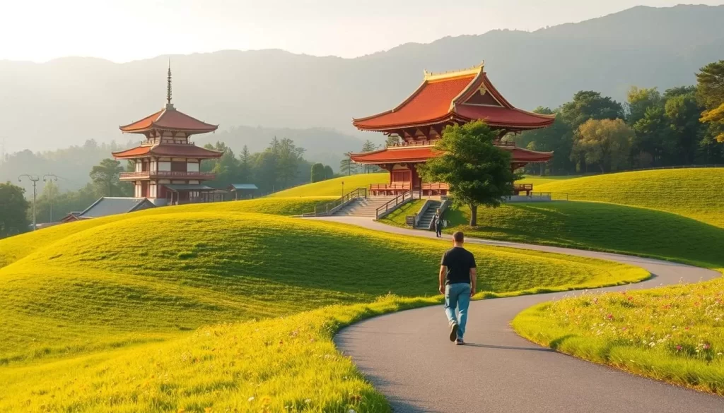 A serene countryside scene in Ibaraki Prefecture, Japan, during a quieter season. Rolling green hills dotted with vibrant wildflowers lead the eye to a traditional Japanese temple, its crimson pagoda roof glistening under the warm golden light of an afternoon sun. A lone figure, garbed in casual attire, strolls leisurely along a winding path, taking in the tranquil atmosphere, far removed from the bustling crowds. Atmospheric haze and soft shadows create a sense of peaceful isolation, inviting the viewer to imagine a weather-savvy visit unburdened by tourist congestion.