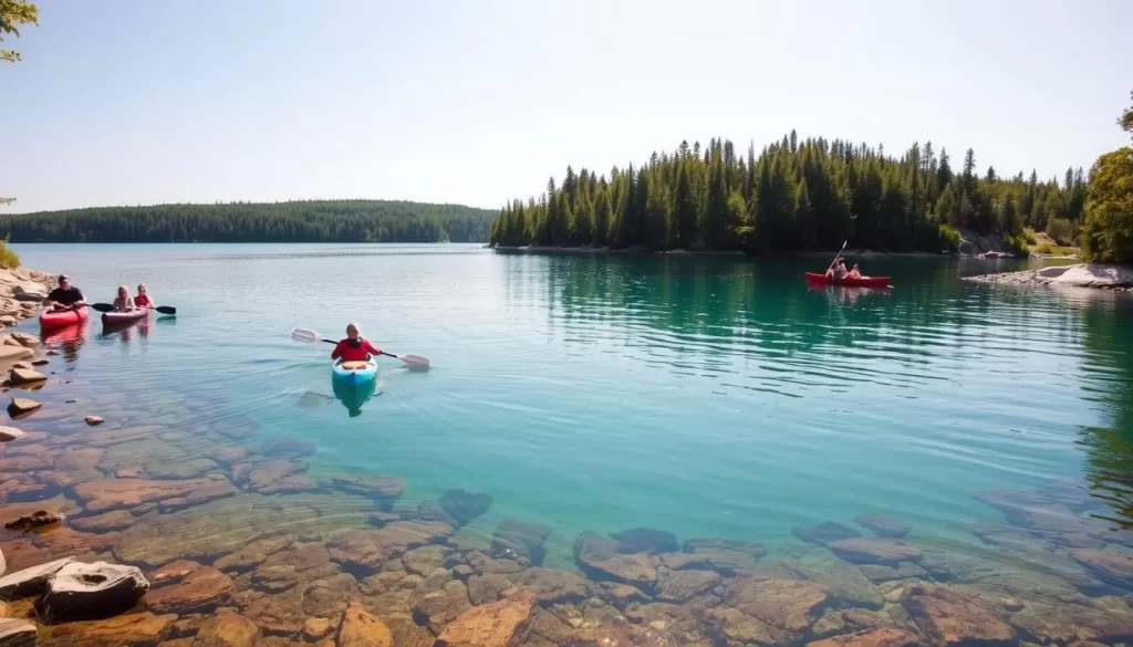 A serene cove on Caddy Lake, Manitoba, with clear turquoise waters gently lapping against the rocky shoreline. In the foreground, a group of kayakers glide effortlessly through the calm, mirrored surface, their paddles dipping in and out of the water. In the middle ground, a family canoes by, taking in the lush, verdant forests that line the lake's edge. Overhead, a bright, sun-dappled sky casts a warm, inviting glow over the entire scene, creating a peaceful and picturesque atmosphere perfect for a day of water activities at Caddy Lake.