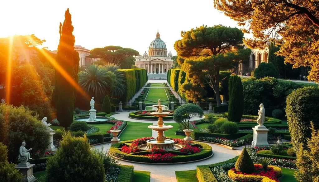 A serene, expansive garden nestled within the heart of Vatican City, bathed in warm, golden sunlight. Lush greenery and vibrant floral displays adorn the elegant pathways that wind through the historic grounds. Ornate fountains and statues stand as timeless sentinels, reflecting the rich cultural heritage of this iconic destination. In the distance, the iconic dome of St. Peter's Basilica rises majestically, framed by the verdant landscape. Capture the tranquil atmosphere and picturesque beauty of the Vatican Gardens, a harmonious blend of nature and architectural splendor.