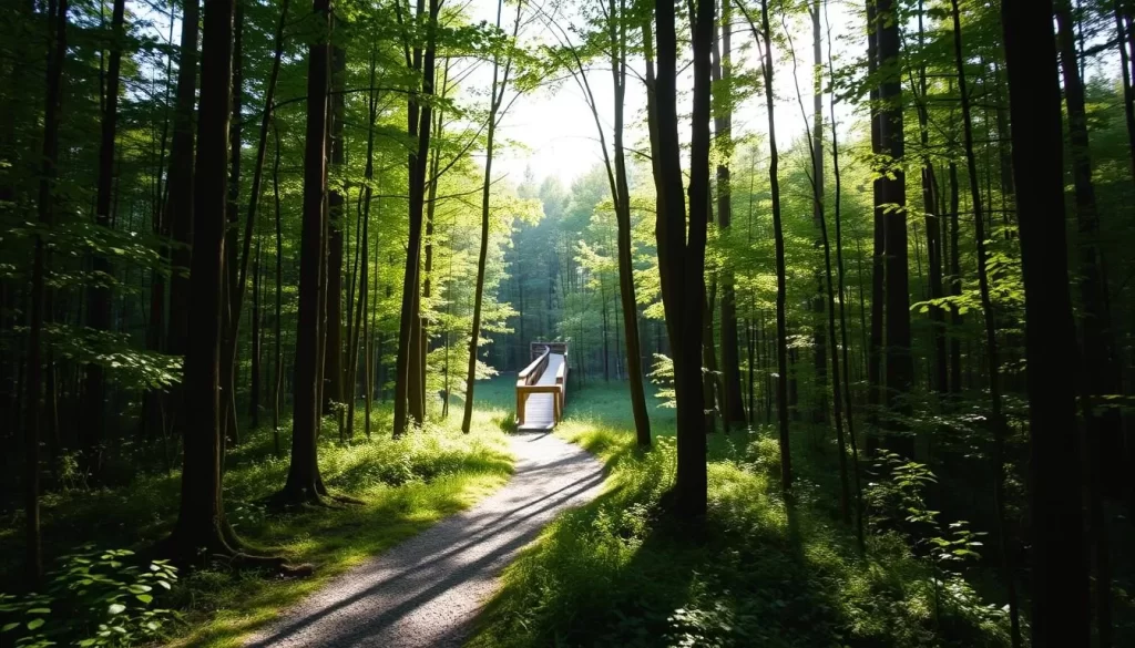 A serene forest trail winds through the lush, verdant foliage of Kushiro Shitsugen National Park. Tall, slender trees cast dappled shadows on the path, creating a warm, natural ambiance. In the distance, a wooden boardwalk emerges, inviting visitors to explore the wetland habitats of this pristine landscape. The soft, diffused sunlight filters through the canopy, imbuing the scene with a tranquil, inviting atmosphere. A gentle breeze rustles the leaves, adding a soothing, natural soundtrack to the tranquil setting. The trail appears well-maintained, with a smooth, compacted surface, making it an accessible and enjoyable hike for visitors of all skill levels.