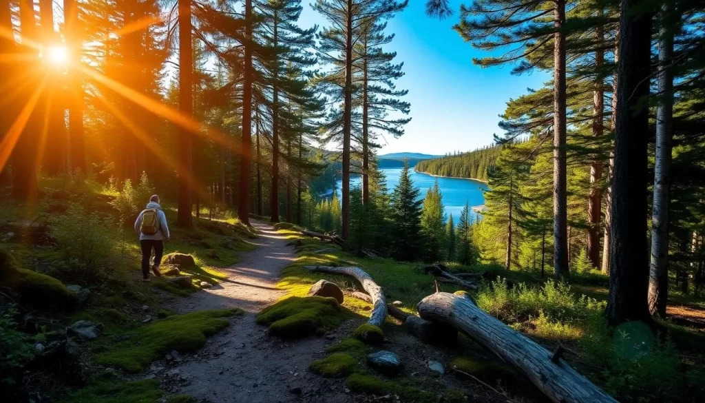 A serene hiking trail winds through a lush, verdant forest along the shores of West Hawk Lake. Sunlight filters through the canopy of towering pine and birch trees, casting a warm, golden glow on the path below. Mossy rocks and fallen logs line the trail, inviting hikers to pause and take in the tranquil beauty of the surroundings. In the distance, glimpses of the crystal-clear lake can be seen through the trees, reflecting the brilliant blue sky above. The air is crisp and clean, carrying the scent of pine needles and wildflowers. This idyllic scene captures the essence of the outdoor adventures awaiting visitors to West Hawk Lake.