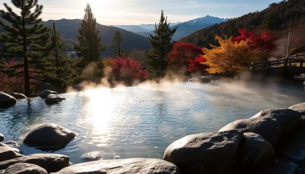 A serene hot spring nestled in the lush, rolling hills of Shimane Prefecture, Japan. The steaming, mineral-rich waters shimmer under the soft, golden light of the winter sun, inviting visitors to bask in their therapeutic embrace. In the foreground, smooth, rounded boulders line the edge of the natural pool, their surfaces glistening with condensation. Surrounding the spring, verdant pine trees and vibrant maple foliage create a tranquil, almost otherworldly atmosphere. Distant mountains rise up in the background, their snow-capped peaks adding to the sense of tranquility and isolation. The overall scene conveys a feeling of peaceful solitude, perfect for a relaxing, weather-savvy winter retreat.