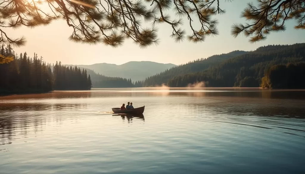 A serene lake surrounded by lush, forested shores. In the foreground, a small wooden boat gently drifts on the calm waters, its occupants leisurely taking in the scenic panorama. Sunlight filters through the canopy of trees, casting a warm, golden glow over the tranquil scene. Wisps of mist rise from the surface, adding an ethereal quality. The boat's wake creates soft ripples that dance across the glassy surface. In the distance, the silhouettes of pine-capped hills frame the idyllic landscape. A peaceful, contemplative atmosphere pervades the frame, inviting the viewer to imagine a relaxing day on the lake.