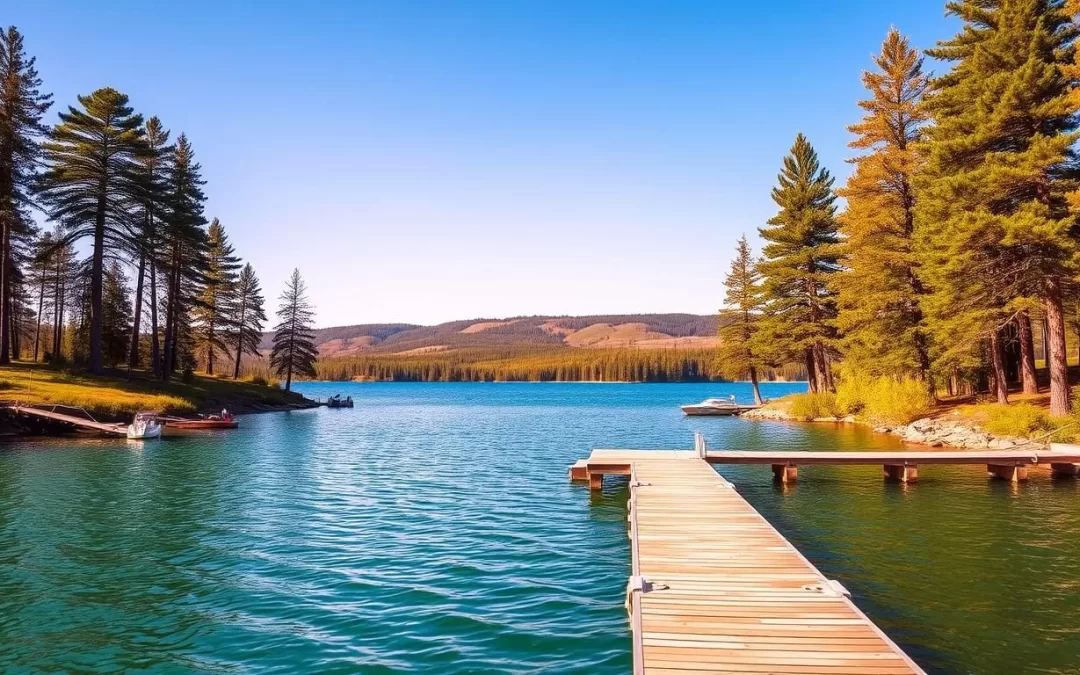 A serene lakefront scene at Cedar Lake, Manitoba, under a clear blue sky. The calm, turquoise waters are surrounded by a lush, verdant shoreline dotted with towering pine trees. In the foreground, a wooden dock extends into the lake, inviting visitors to stroll and take in the tranquil atmosphere. The middle ground features a few small boats moored nearby, while the background showcases the rolling hills and forested landscapes that typify the natural beauty of this idyllic destination. Warm, golden sunlight filters through the scene, creating a welcoming and relaxing ambiance.