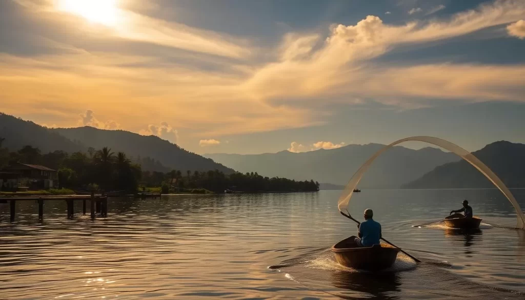 A serene lakefront scene at Lake Petén Itzá, Guatemala. Tranquil waters reflecting the lush, verdant shoreline and distant mountains. Warm sunlight filters through wispy clouds, casting a golden glow over the picturesque landscape. Wooden docks and boats dotting the shoreline, inviting visitors to explore the lake's calm waters. In the foreground, indigenous fishermen cast their nets, their traditional wooden canoes gently rocking on the gentle waves. The atmosphere is one of peaceful solitude, capturing the natural beauty and cultural essence of this scenic lake in the heart of the Peten region.