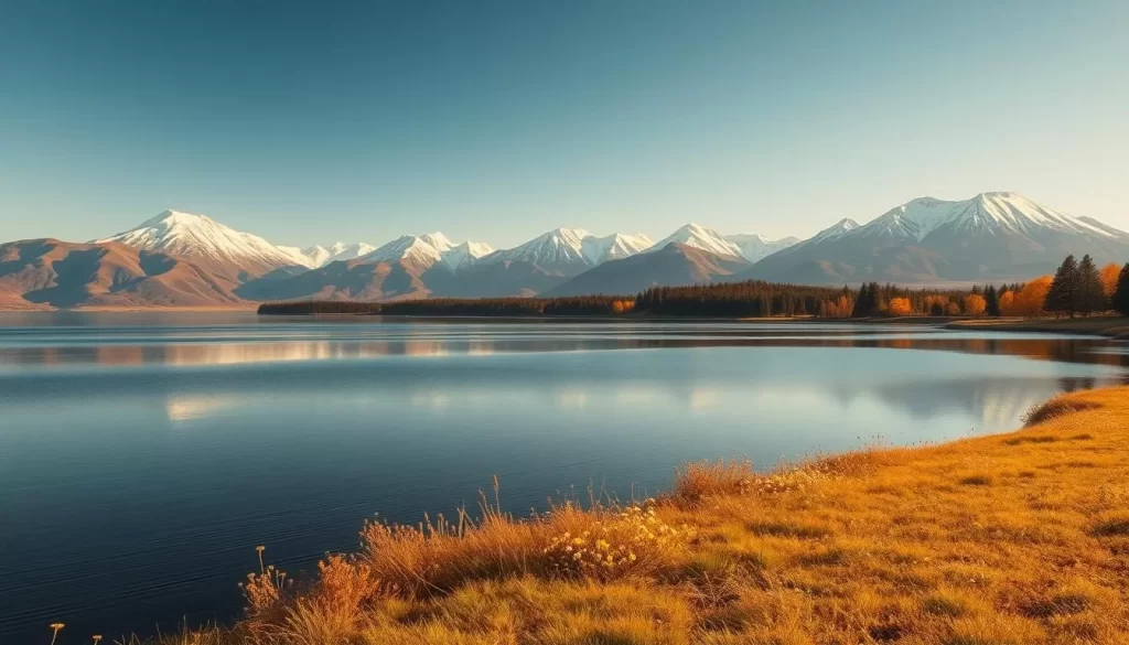 A serene lakeside landscape at Kussharo Lake, Japan. In the foreground, a pristine body of water reflects the mountains and trees on the opposite shore. The middle ground features a grassy bank dotted with wildflowers, inviting the viewer to explore. In the background, snow-capped peaks rise majestically, bathed in warm, golden sunlight. The scene is captured through the lens of a high-quality camera, showcasing the breathtaking natural beauty of this picturesque location. The overall mood is one of tranquility and wonder, encouraging the viewer to immerse themselves in the calming atmosphere of Kussharo Lake.