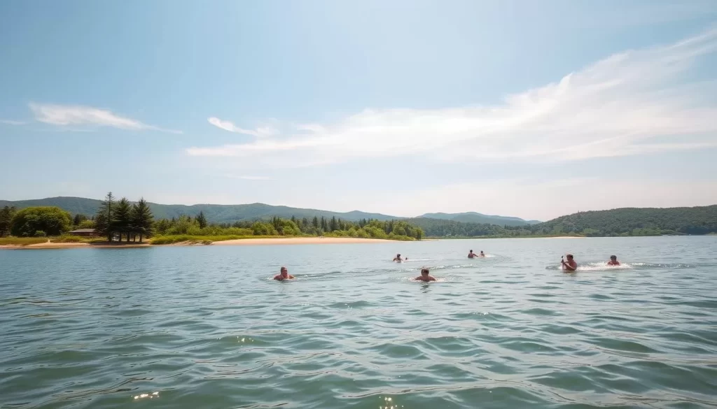 A serene lakeside scene during a warm summer day. In the foreground, a group of people swimming and enjoying water activities on the calm, glimmering surface of the lake. The middle ground features a sandy beach lined with lush green trees and vegetation. In the background, rolling hills and a clear, blue sky with wispy clouds create a peaceful, picturesque landscape. Soft, natural lighting illuminates the scene, creating a warm, inviting atmosphere. The angle is wide, capturing the full breadth of the lakeside setting, allowing the viewer to immerse themselves in the tranquil summer lake experience.