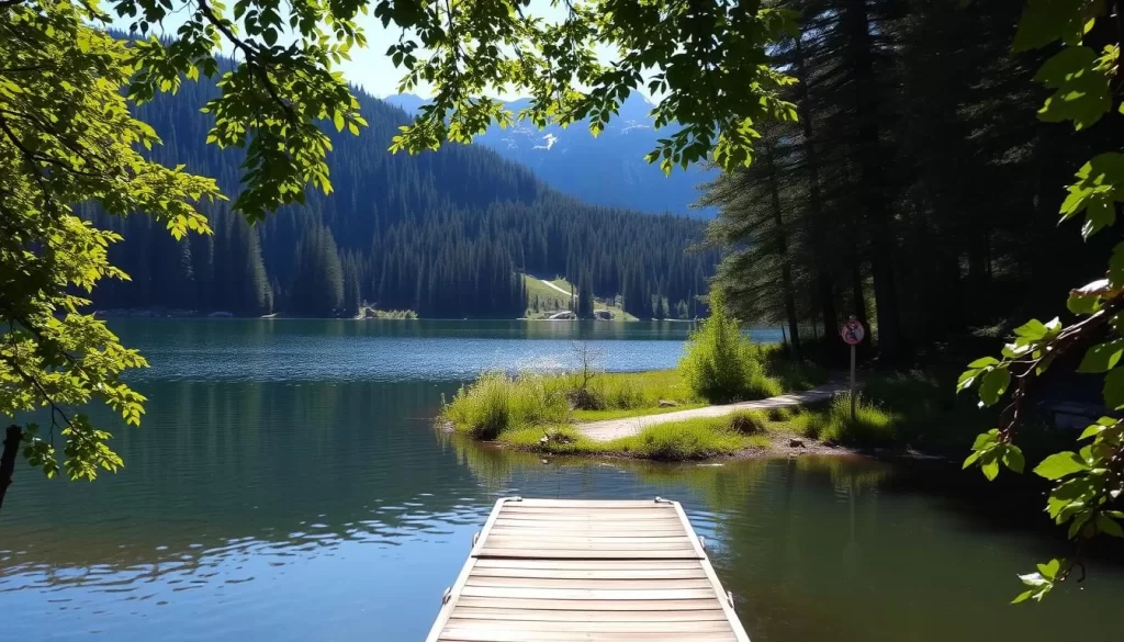 A serene lakeside scene with lush green foliage framing the calm waters of Hidden Lake. In the foreground, a wooden dock extends into the tranquil waters, inviting visitors to explore. The middle ground features a well-marked hiking trail winding through the dense forest, guiding adventurers towards the picturesque lake. Sunlight filters through the canopy, casting a warm, golden glow over the entire landscape. In the background, the rugged mountains rise majestically, their snow-capped peaks reflecting in the still surface of the lake. The overall atmosphere is one of peace, safety, and natural wonder, perfectly capturing the essence of a visit to Hidden Lake Terr Park.
