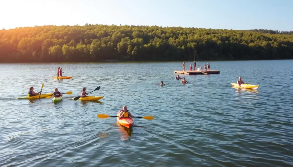A serene lakeside scene with water enthusiasts enjoying a variety of activities. In the foreground, a group of kayakers gracefully gliding across the calm, crystal-clear waters, their paddles creating gentle ripples. In the middle ground, a family stands on a wooden dock, some splashing in the shallows while others prepare to launch their small motorboat. In the background, a lush, verdant forest frames the tranquil landscape, creating a picturesque setting. The warm, golden sunlight filters through the trees, casting a soft, natural glow over the entire scene. The atmosphere is one of relaxation, leisure, and a deep appreciation for the beauty of the natural world.