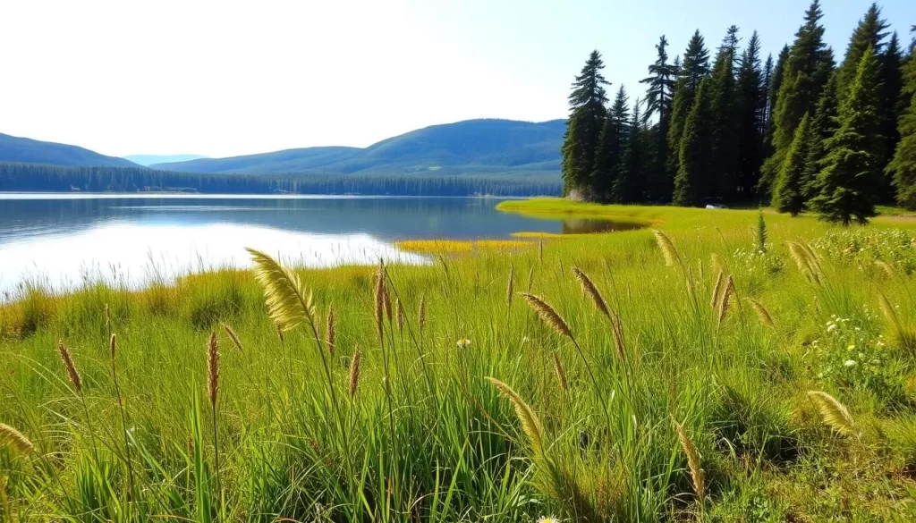 A serene landscape at Big Whiteshell Lake, Manitoba, captured with a wide-angle lens. In the foreground, a lush, verdant shoreline with tall grasses and wildflowers gently swaying in the soft breeze. The middle ground features the tranquil, mirror-like waters of the lake, reflecting the towering pine trees lining the opposite shore. In the distance, rolling hills and forested slopes create a picturesque backdrop, bathed in the warm, golden light of a sunny day. The scene exudes a sense of natural harmony and peacefulness, inviting the viewer to immerse themselves in the beauty of this pristine wilderness.