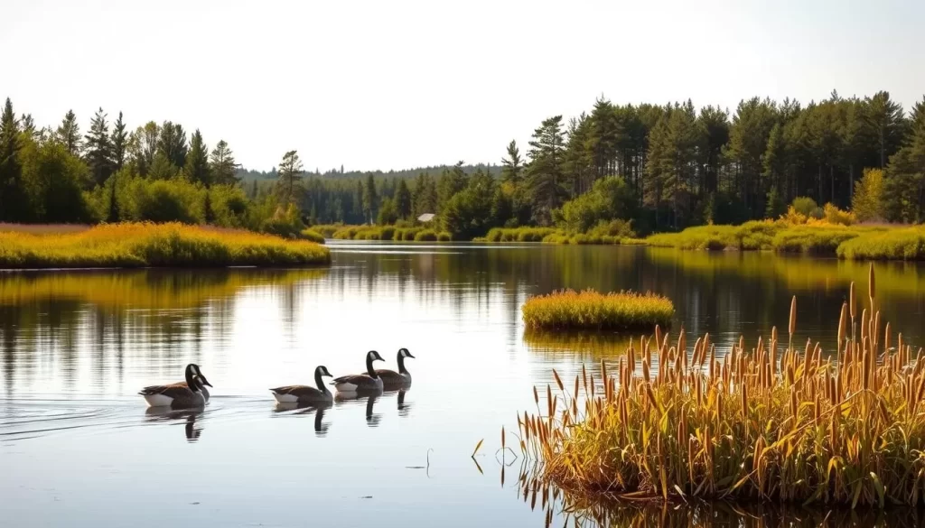 A serene landscape at the shores of Lake Manitoba, Manitoba, Canada. In the foreground, a group of Canadian geese gracefully float on the calm, glassy waters, their reflections mirroring the scene. In the middle ground, clusters of cattails sway gently in the breeze, their golden hues contrasting with the deep green foliage surrounding the lake. In the background, a verdant forest of pine and birch trees reaches up towards a bright, hazy sky, bathing the entire scene in a warm, natural light. The atmosphere exudes a sense of tranquility and wildlife abundance, inviting the viewer to immerse themselves in this picturesque natural oasis.