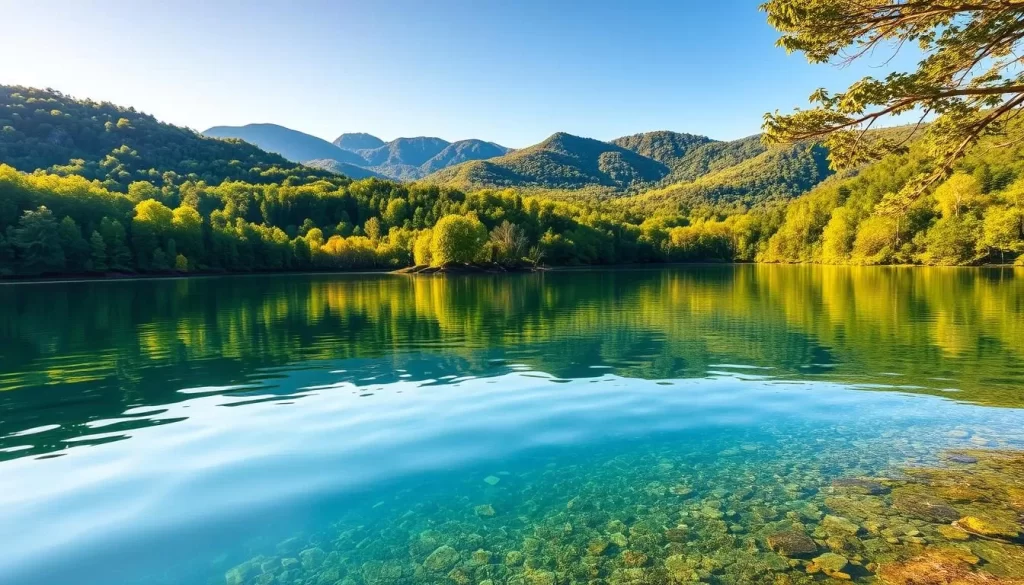 A serene landscape capturing the beauty of Douglas Lake, Tennessee. In the foreground, crystal-clear waters reflect the surrounding hills and trees, creating a tranquil mirror-like surface. The middle ground features lush, verdant foliage, with towering deciduous trees lining the shoreline. In the background, rolling hills and mountains rise up, their peaks bathed in soft, warm light from the golden sun overhead. The scene exudes a sense of peaceful solitude, inviting the viewer to immerse themselves in the natural splendor of this hidden gem. Capture this scene with a wide-angle lens, utilizing natural lighting to accentuate the lake's serene ambiance and the picturesque landscape.