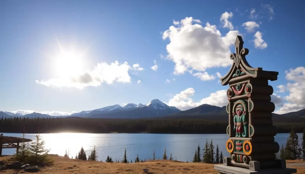 A serene landscape in Carcross, Yukon, showcasing the vibrant heritage of the First Nations people. In the foreground, a traditional First Nations wooden structure stands proud, its intricate carvings and vibrant colors capturing the essence of the local culture. In the middle ground, a tranquil lake reflects the surrounding mountains, their snow-capped peaks touching the brilliant blue sky. In the background, a dense forest of evergreens frames the scene, creating a sense of timelessness and connection to the land. The warm, golden light filters through the clouds, casting a soft, inviting glow over the entire composition. The overall atmosphere evokes a feeling of reverence and respect for the rich cultural heritage of the region.