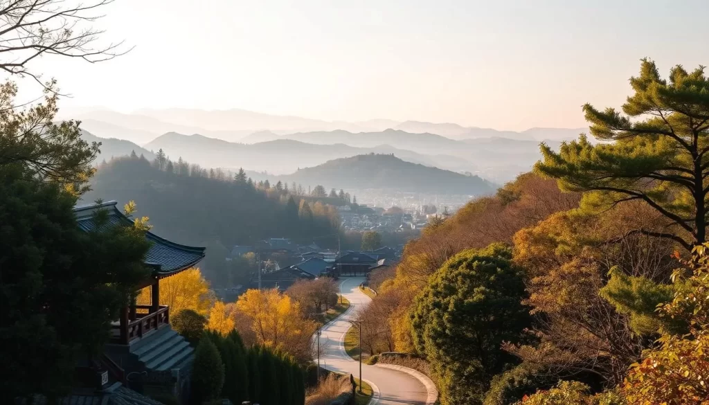 A serene landscape in Hyōgo Prefecture, Japan, during shoulder season. In the foreground, a quiet temple nestled amidst lush foliage, its tranquil ambiance inviting visitors to pause and reflect. In the middle ground, a winding path leads through a picturesque village, its traditional architecture bathed in warm, golden light. In the distance, rolling hills and mountains rise, their silhouettes softened by a hazy, atmospheric sky. The overall scene conveys a sense of calm, inviting the viewer to experience Hyōgo's attractions without the crowds of peak season.
