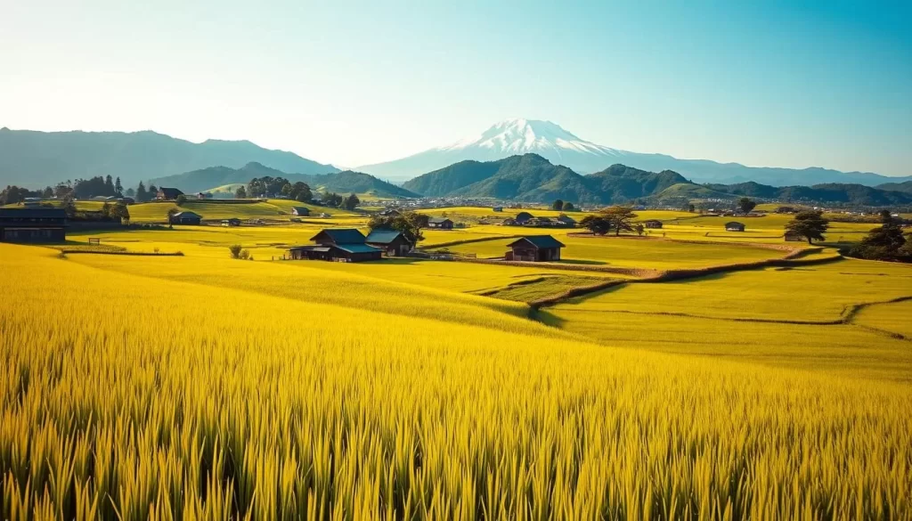 A serene landscape in Ibaraki Prefecture, Japan, bathed in warm, golden sunlight. In the foreground, lush, verdant rice paddies stretch out, their gentle waves captured by a medium-format camera lens. In the middle ground, traditional Japanese farmhouses and small villages dot the rolling hills, their tiled roofs and wooden facades gently weathered by time. Behind them, the majestic silhouettes of the Tsukuba Mountains rise up, their peaks capped with a dusting of snow, creating a striking contrast against the clear, azure sky. The atmosphere is one of tranquility and harmony, inviting the viewer to immerse themselves in the idyllic climate and natural beauty of Ibaraki Prefecture.