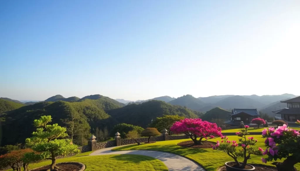 A serene landscape in Kagawa Prefecture, Japan, bathed in warm afternoon sunlight. Rolling hills covered in lush greenery stretch out in the middle distance, punctuated by the distinctive peaked roofs of traditional Japanese architecture. In the foreground, a winding path leads the eye through a tranquil garden, dotted with carefully tended bonsai trees and vibrant azalea bushes in full bloom. The sky above is a clear, cloudless expanse of soft blue, creating a sense of tranquility and natural harmony. The scene is captured with a wide-angle lens, highlighting the picturesque setting and the region's temperate, pleasant climate.