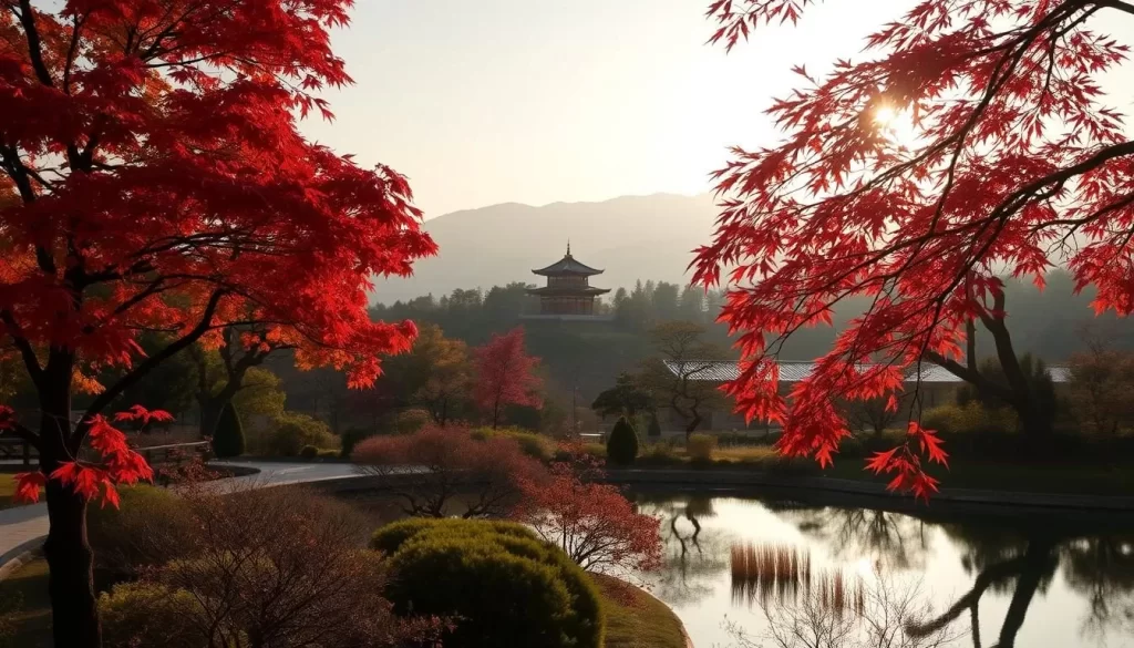 A serene landscape in Kyoto, Japan, under a soft, golden light. In the foreground, a traditional Japanese garden with a tranquil pond, its surface mirroring the surrounding foliage. Vibrant maple trees in full autumn regalia line the path, their crimson leaves gently swaying in the cool breeze. In the middle ground, the iconic Kinkakuji Temple, its golden pavilion reflected in the still waters. Beyond, the misty hills of Kyoto's mountainous terrain frame the scene, creating a sense of timeless, natural beauty.
