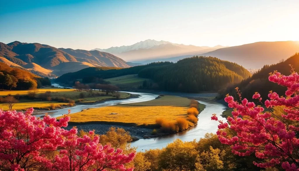 A serene landscape in Nagano City, Japan, during the best time of year. A picturesque scene of rolling hills and lush greenery, with the majestic Northern Alps as a stunning backdrop. In the foreground, a tranquil river winds its way through the valley, reflecting the warm, golden light of the sun. Scattered throughout the scene, vibrant cherry blossoms or autumn foliage add a touch of seasonal beauty. The overall atmosphere is one of peaceful tranquility, inviting the viewer to slow down and appreciate the natural wonders of this captivating region.