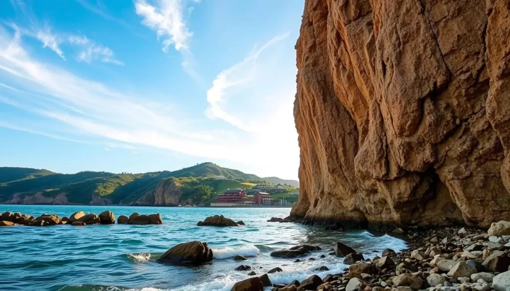 A serene landscape in Tottori, Japan's hidden coastal gem. The sun's warm glow bathes a tranquil bay, where gentle waves lap against a rocky shoreline. In the distance, a cluster of traditional Japanese buildings nestled among lush, verdant hills. The scene is framed by a clear azure sky, with wispy clouds drifting overhead. Towering cliffs rise up on either side, their rugged, weathered faces a study in natural wonder. A sense of timeless beauty and tranquility pervades the setting, inviting the viewer to pause and immerse themselves in the peaceful ambiance of this lesser-known Japanese treasure.