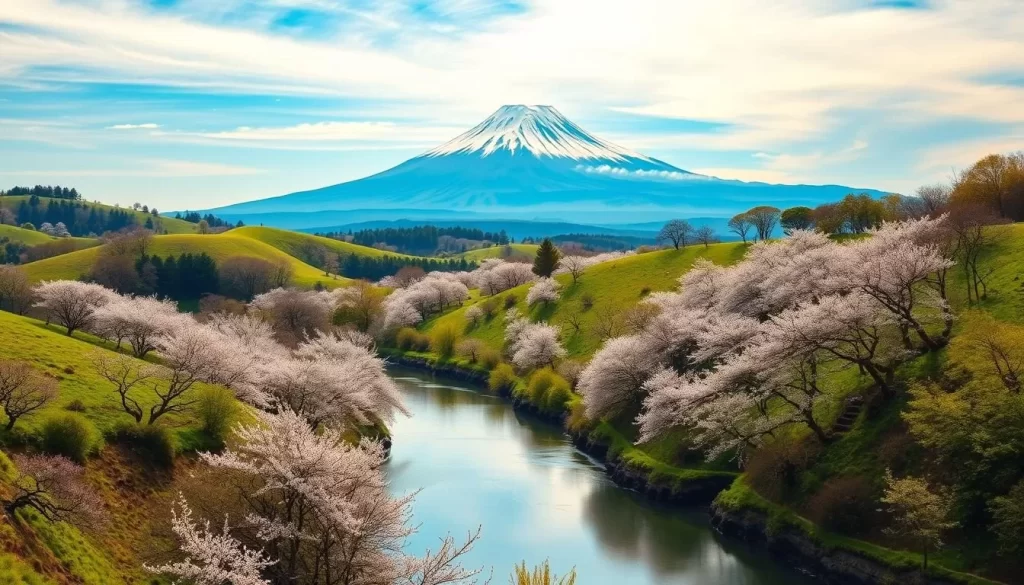 A serene landscape in the Kantō region of Japan, captured on a picturesque spring day. Rolling hills dotted with cherry blossoms in full bloom, their soft pink hues contrasting against the vibrant green foliage. In the distance, the iconic silhouette of Mount Fuji stands tall, its snow-capped peak bathed in warm, golden light. A winding river reflects the azure sky, its tranquil waters inviting travelers to slow down and appreciate the breathtaking natural beauty. Explore the Kantō region during the ideal weather-savvy months, when the scenery is at its most enchanting.