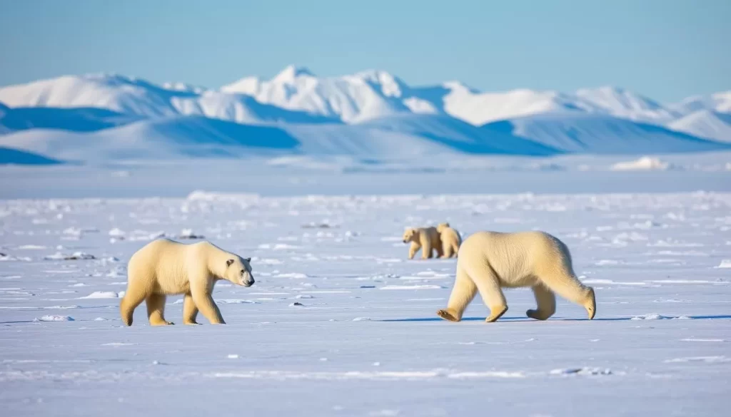 A serene landscape in the Qaummaariit Territorial Park, Nunavut, where a group of polar bears roam freely against a backdrop of snow-capped mountains and a clear, azure sky. The bears are captured in natural, candid poses, their thick white fur glistening in the soft, diffused lighting. In the foreground, a lone polar bear leisurely lumbers across the pristine, icy terrain, while in the middle ground, a mother bear and her cubs playfully interact. The scene conveys a sense of tranquility and the raw, untamed beauty of the Canadian Arctic, inviting the viewer to imagine the awe-inspiring experience of encountering these magnificent creatures in their natural habitat.
