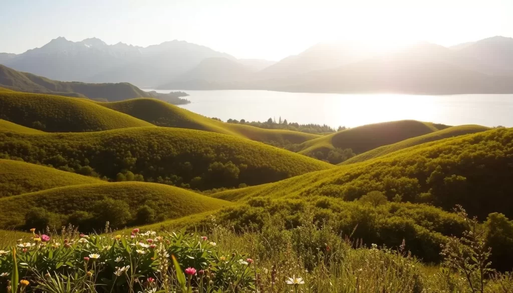 A serene landscape in the Tōhoku region during the spring season. Rolling hills covered in lush, verdant foliage, with occasional bursts of vibrant wildflowers dotting the foreground. In the distance, a tranquil lake reflects the cloudless sky, its surface gently rippled by a soft breeze. Towering mountains, their peaks capped with a dusting of snow, rise majestically in the background, creating a picturesque backdrop. The warm, golden light of the midday sun bathes the scene, casting long shadows and creating a peaceful, inviting atmosphere. This idyllic setting perfectly captures the beauty and serenity of the Tōhoku region during its most beautiful time of year.