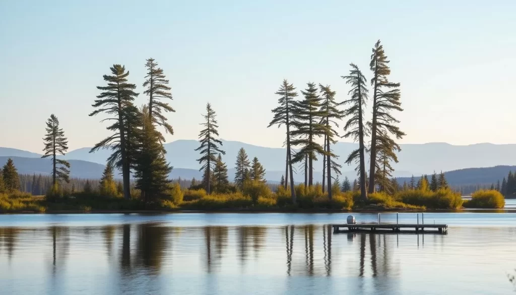 A serene landscape of Cedar Lake, Manitoba, nestled amidst the rolling boreal forests. In the foreground, the calm, glassy waters reflect the lush, verdant shoreline and the picturesque docks. In the middle distance, towering pine and spruce trees sway gently in the soft breeze, creating a peaceful, natural ambiance. The background is dominated by the hazy, blue-tinged silhouettes of distant hills, blending seamlessly with the cloudless, azure sky. The lighting is soft and diffused, creating a warm, golden glow that bathes the entire scene in a tranquil, inviting atmosphere, perfectly capturing the essence of this hidden gem in the heart of Manitoba.