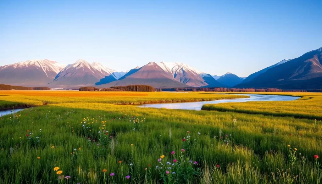 A serene landscape of Kushiro Shitsugen National Park, Japan, on a pleasant day. In the foreground, a lush, verdant marshland dotted with vibrant wildflowers sways gently in a soft breeze. Towering mountains rise majestically in the background, their snow-capped peaks reflecting the warm sunlight. A tranquil river meanders through the scene, its calm waters mirroring the surrounding natural beauty. The overall mood is one of tranquility and wonder, inviting the viewer to immerse themselves in the unspoiled splendor of this protected wilderness.