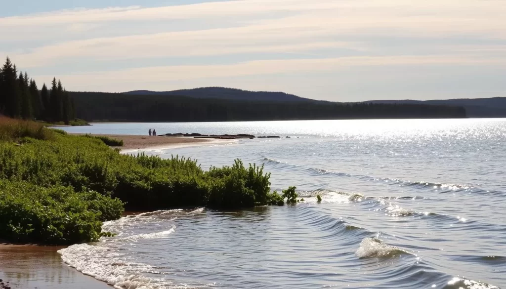 A serene landscape of Lake Winnipeg, Manitoba, Canada. In the foreground, a picturesque shoreline with lush, verdant vegetation. Gentle waves lap against the sandy beach, inviting visitors to dip their toes. In the middle ground, the vast expanse of the lake stretches out, its surface shimmering under the warm, golden sunlight. In the background, rolling hills and forests create a natural, unspoiled backdrop. The scene exudes a sense of tranquility and natural beauty, capturing the essence of this renowned freshwater lake. The overall mood is one of peaceful contemplation, inviting the viewer to immerse themselves in the natural splendor of this idyllic Canadian landscape.