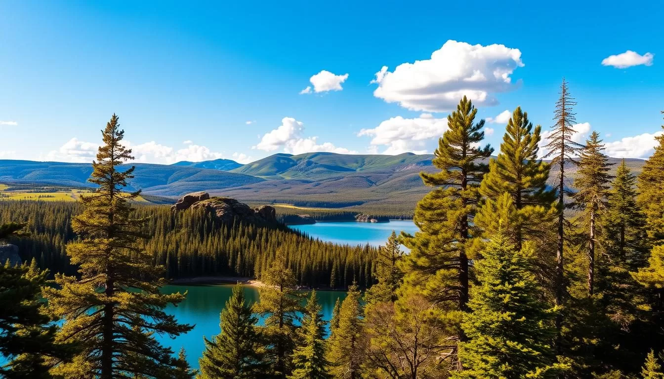 A-serene-landscape-of-Prince-Albert-National-Park-Saskatchewan-unfolds-before-the-viewer.-In A serene landscape of Prince Albert National Park, Saskatchewan unfolds before the viewer. In the foreground, a sparkling blue lake reflects the surrounding verdant forests and rugged rock formations. Towering pine trees line the shoreline, their branches swaying gently in the light breeze. In the middle ground, rolling hills covered in lush greenery stretch out, leading the eye towards the distant mountains. Bathed in warm, golden sunlight, the scene conveys a sense of tranquility and natural beauty. Fluffy clouds drift across a bright azure sky, completing the idyllic vista. The overall mood is one of peaceful exploration, inviting the viewer to immerse themselves in this captivating Saskatchewan gem.