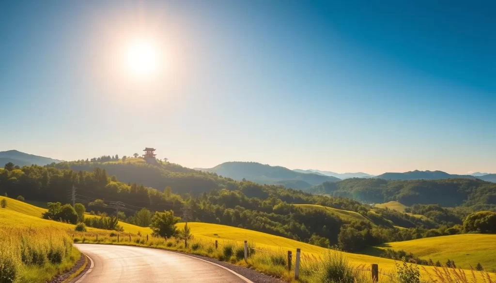 A serene landscape of Shimane Prefecture, Japan in the summer. Lush rolling hills and verdant forests stretch out under a clear blue sky, with the warm sun casting a golden glow. In the foreground, a picturesque country road winds through the scenery, inviting the viewer to explore. In the distance, the silhouette of a traditional Japanese temple or shrine sits atop a hillside, suggesting the rich cultural heritage of the region. The overall atmosphere is one of tranquility and natural beauty, capturing the essence of the best months to visit this weather-savvy destination.
