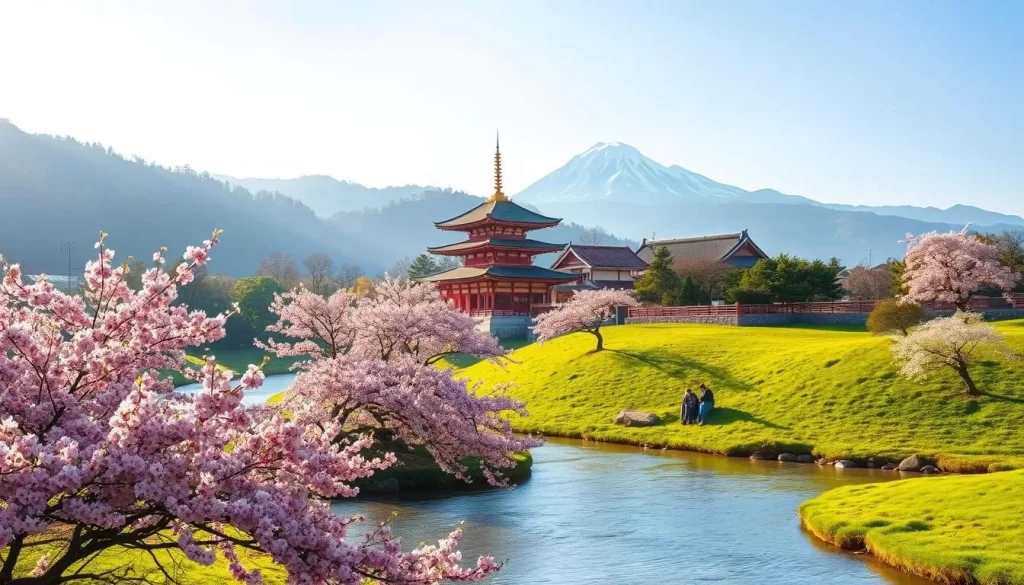 A serene landscape of Tochigi Prefecture in Japan, capturing the essence of its seasonal weather. In the foreground, a tranquil river winds through lush, verdant hills, with vibrant cherry blossoms in full bloom, casting a delicate pink hue over the scene. The middle ground showcases a traditional Japanese temple, its ornate architecture basking in the warm, golden glow of the sun. In the distance, majestic snow-capped mountains rise majestically, their peaks piercing the crisp, azure sky. The overall atmosphere is one of peaceful harmony, inviting the viewer to experience the captivating natural beauty and cultural richness of this enchanting region.