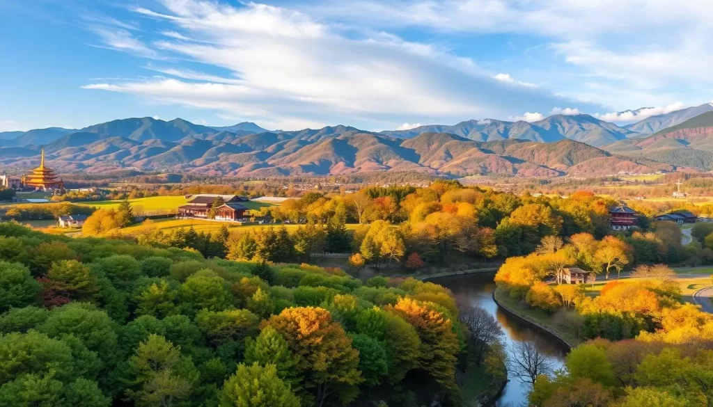 A serene landscape of Tochigi Prefecture in Japan, showcasing the beauty of the region through the changing seasons. Capture a picturesque scene of a lush, verdant forest in the foreground, with a winding river or stream reflecting the vibrant foliage. In the middle ground, rolling hills dotted with traditional Japanese architecture, perhaps a temple or shrine, bathed in warm, golden sunlight. In the distance, majestic mountains rise, their peaks shrouded in wispy clouds. The overall atmosphere is one of tranquility and harmony, inviting the viewer to immerse themselves in the natural splendor of this enchanting prefecture.