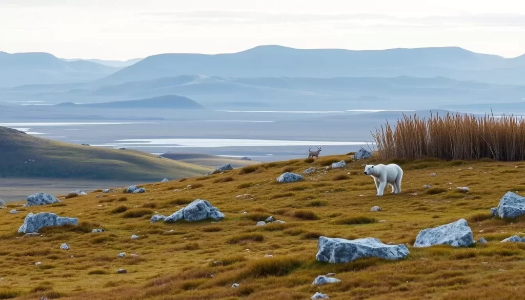 A serene landscape of Wapusk National Park, Canada's premier polar bear haven. Rolling tundra dotted with rugged boulders and crystal-clear lakes, under a soft, diffused light. In the distance, a herd of caribou grazes peacefully, while a majestic polar bear emerges from the dense willows, surveying its domain. The scene exudes a sense of tranquility and wonder, capturing the essence of this remote and pristine wilderness.