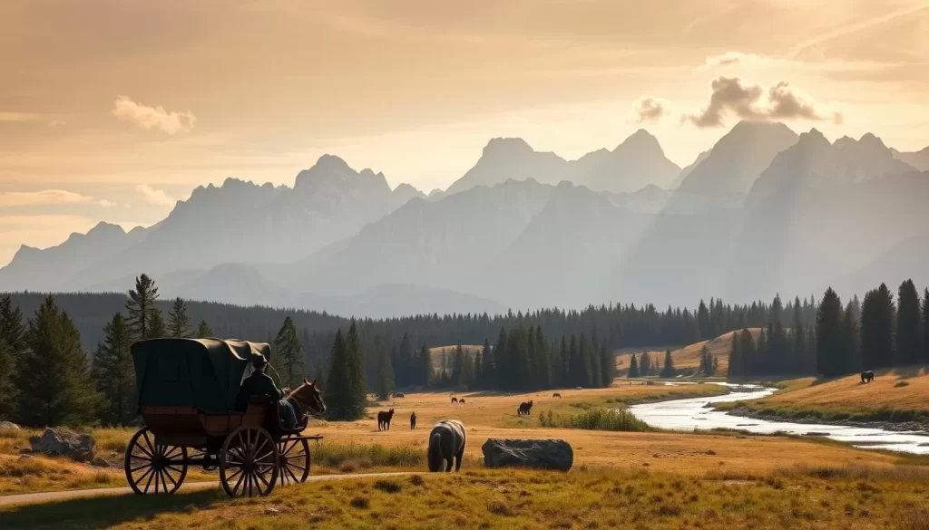 A serene landscape of West Yellowstone in the late 19th century, showcasing the rugged beauty of the region. A vintage horse-drawn carriage stands in the foreground, its passengers gazing in awe at the towering, snow-capped Teton mountains in the distance. Lush evergreen forests line the rolling hills, casting long shadows across the peaceful meadows. Soft, natural lighting filters through wispy clouds, imbuing the scene with a warm, nostalgic atmosphere. The tranquil flow of a nearby river adds to the timeless ambiance, hinting at the rich history and natural wonders that have long captivated visitors to this iconic American gateway.