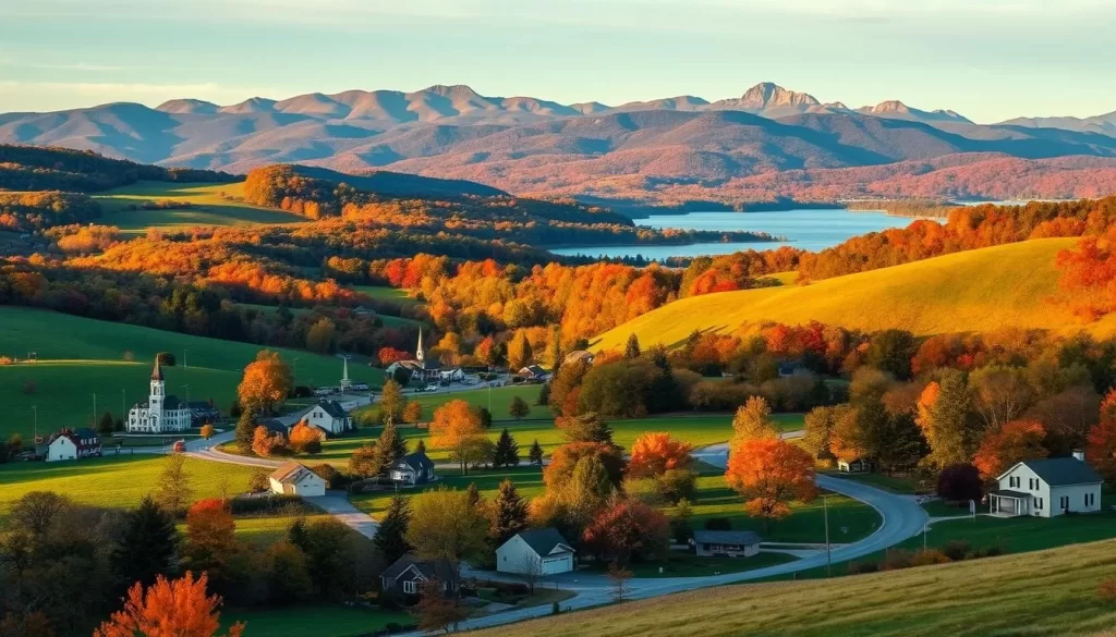 A serene landscape of the Berkshires region, featuring rolling green hills dotted with vibrant autumn foliage. In the foreground, a winding country road leads through a picturesque village, with quaint New England-style homes and churches lining the streets. The middle ground showcases a tranquil lake, its calm waters reflecting the surrounding natural beauty. In the distance, the iconic silhouettes of the Berkshire Mountains rise majestically, bathed in warm, golden sunlight that casts a gentle glow over the entire scene. The overall mood is one of rustic charm, inviting the viewer to explore the timeless appeal of this quintessential New England landscape.