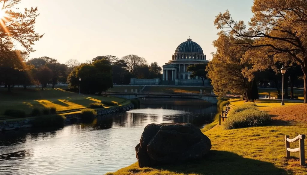 A serene landscape of the Hiroshima Peace Memorial Park, illuminated by warm, golden sunlight. In the foreground, the iconic A-Bomb Dome stands as a solemn reminder of the tragic past, its skeletal frame casting dramatic shadows. The tranquil Motoyasu River flows gently in the middle ground, its reflective surface mirroring the surrounding architecture. In the background, verdant trees and lush greenery frame the scene, creating a peaceful and contemplative atmosphere. A sense of reverence and resilience permeates the environment, inviting visitors to reflect on the park's profound history and the human spirit's enduring strength.