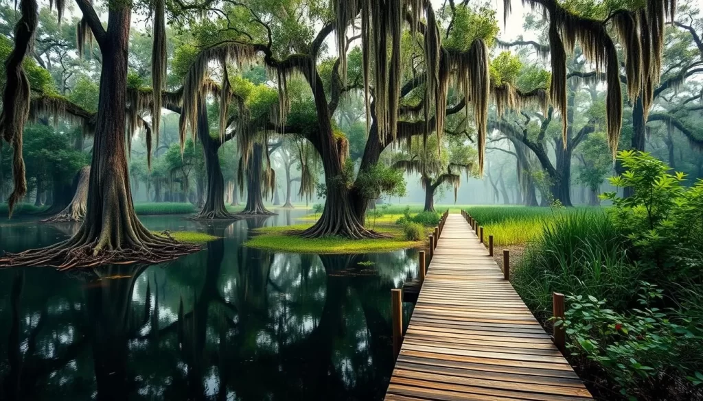 A serene landscape of the Honey Island Swamp in Louisiana, captured with a wide-angle lens to showcase the lush, tranquil setting. In the foreground, a glistening bayou reflects the verdant cypress trees and Spanish moss that dangle overhead. In the middle ground, a narrow wooden boardwalk winds through the marsh, inviting the viewer to explore the wetland wilderness. In the distance, the hazy background reveals the dense, mossy forest, creating a sense of depth and mystery. Soft, diffused natural lighting bathes the scene, evoking a peaceful, atmospheric ambiance perfect for nature photography.