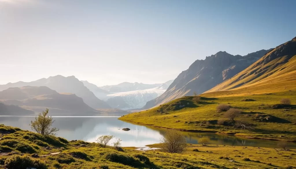 A serene landscape of the Svalbard wilderness, bathed in the soft, golden light of the Arctic sun. In the foreground, a pristine glacial lake reflects the towering mountains and rugged terrain surrounding it. Verdant tundra vegetation carpets the gently sloping hills, interspersed with clusters of hardy, wind-sculpted birch and willow trees. Overhead, a cloudless sky stretches into the distance, lending an air of tranquility and solitude to the scene. The overall mood is one of unspoiled natural beauty and the harmony between man and the environment, capturing the essence of sustainable tourism in this remote, enchanting corner of the world.