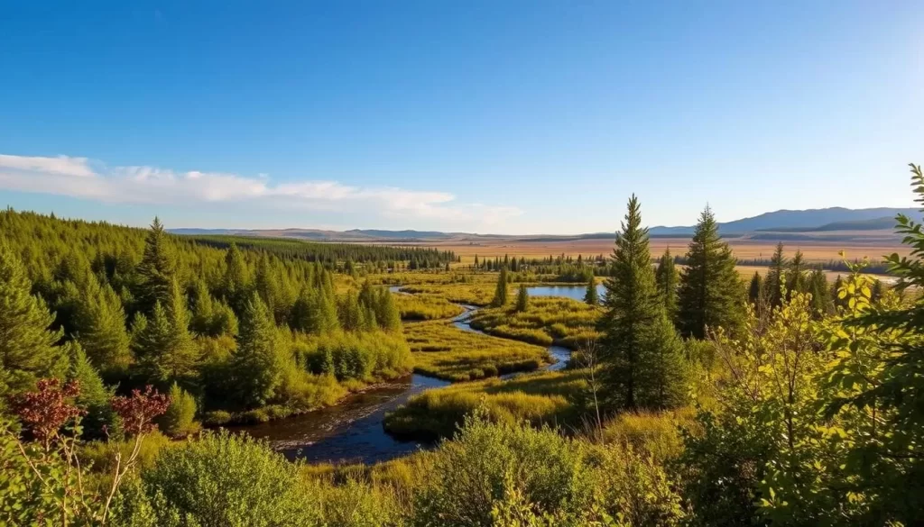 A serene landscape showcasing the best bird watching hotspots in Leaf Rapids, Manitoba. In the foreground, a lush, verdant forest teeming with vibrant foliage and a tranquil stream reflecting the azure sky. In the middle ground, a well-maintained hiking trail leads towards a picturesque wetland area, where a diverse array of avian species can be observed through high-quality binoculars. The background features rolling hills and distant mountains, bathed in warm, golden sunlight that casts a soft, inviting glow over the entire scene. The overall mood is one of peaceful contemplation and appreciation for the natural wonders of this remarkable region.