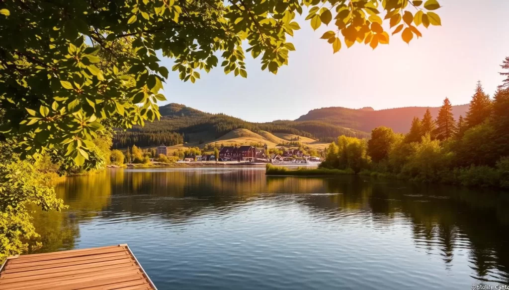 A serene landscape showcasing the captivating beauty of Leaf Rapids, Manitoba. Sunlight filters through lush, verdant foliage, casting a warm, golden glow across a tranquil river. In the foreground, a wooden dock extends into the calm waters, inviting visitors to pause and take in the serene surroundings. In the middle ground, a picturesque town nestled between rolling hills comes into view, its charming architecture mirrored in the reflective surface of the river. The background is dominated by a stunning vista of untamed wilderness, with towering evergreen trees and distant mountains. The overall scene radiates a sense of peace and natural splendor, perfectly capturing the essence of Leaf Rapids as a premier destination for outdoor adventures and relaxation.