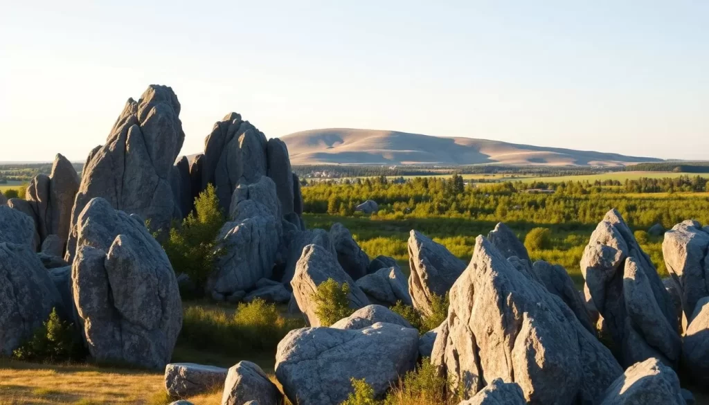 A serene landscape showcasing the iconic limestone formations of Stonewall, Manitoba. In the foreground, weathered grey limestone boulders and outcrops stand tall, their jagged edges and crevices casting dramatic shadows under the warm afternoon sun. The middle ground reveals lush green vegetation, with trees and shrubs nestled between the rocky formations. In the distance, a gentle rolling hill rises, its slopes covered in a patchwork of meadows and forests, creating a picturesque backdrop. The scene is bathed in soft, diffused lighting, evoking a sense of tranquility and timelessness, reflecting the enduring legacy of Stonewall's remarkable limestone heritage.