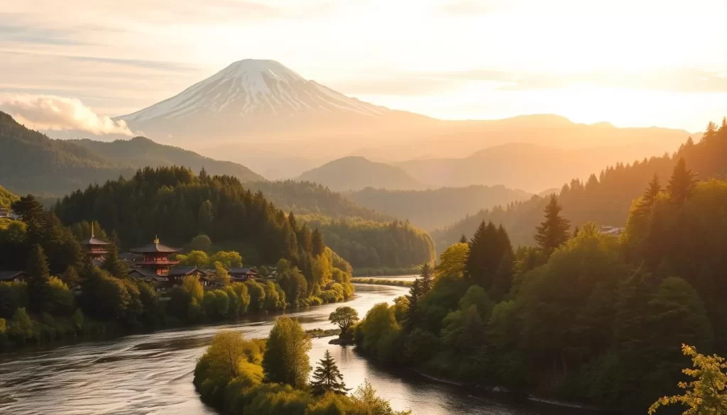 A serene landscape showcasing the natural beauty of Japan's Chūgoku region. A majestic mountain range rises in the background, its peaks capped with snow and shrouded in wispy clouds. In the foreground, a tranquil river winds its way through verdant forests, the sunlight dappling the water's surface. Traditional Japanese architecture, such as a picturesque temple or a quaint village, sits nestled among the rolling hills, blending seamlessly with the surrounding environment. The scene is bathed in warm, golden light, conveying a sense of peace and harmony. This idyllic vista captures the essence of the Chūgoku region's hidden charm and invites the viewer to explore its captivating landscapes.