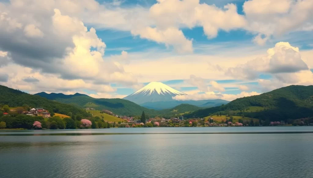 A serene landscape showcasing the varied weather patterns of Shizuoka Prefecture, Japan. In the foreground, a tranquil lake reflects the shifting skies above, with fluffy cumulus clouds drifting lazily across a brilliant azure expanse. Surrounding the lake, lush verdant hills roll gently, their slopes dotted with vibrant sakura blossoms. In the middle ground, a picturesque village nestles amidst the verdant foliage, its traditional architecture bathed in warm, golden sunlight. In the distance, majestic Mount Fuji rises majestically, its snow-capped peak piercing the heavens, its slopes partially obscured by wispy tendrils of mist. The overall scene conveys a sense of harmony and balance, showcasing the diverse and ever-changing climate of this enchanting region.