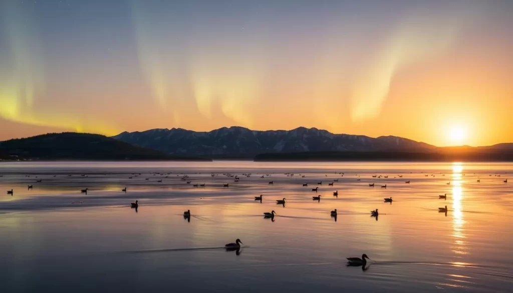 A serene landscape under the luminous glow of the midnight sun in the Northwest Territories, Canada. In the foreground, a glassy lake reflects the ethereal sky, its surface dotted with the silhouettes of drifting waterfowl. In the middle ground, rugged, pine-clad hills rise, their slopes bathed in a soft, golden light. Beyond, the horizon is crowned with a shimmering, ethereal display of the northern lights, their vibrant ribbons of color dancing across the night sky. The overall scene exudes a sense of tranquility and wonder, perfectly capturing the summer adventures and natural beauty of this remote, northern region.