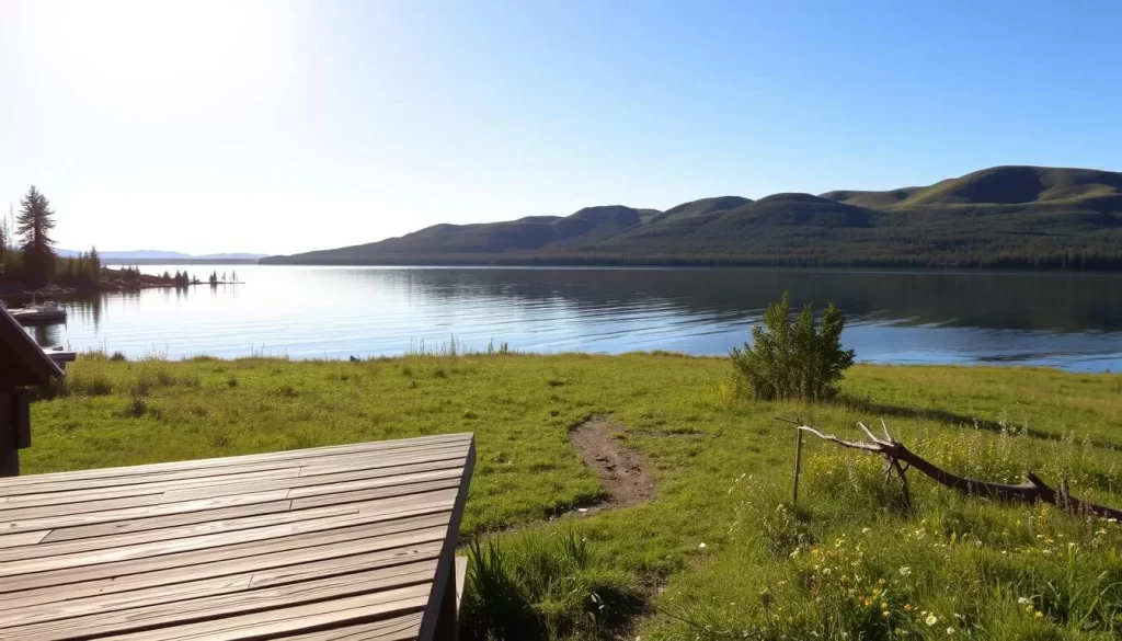 A serene landscape under the warm glow of a sunny day, with the calm waters of Baker Lake reflecting the surrounding boreal forest. In the foreground, a wooden viewing platform overlooks the lake, where visitors can observe the diverse wildlife, including caribou, arctic hares, and migratory waterfowl. In the middle ground, a small grassy meadow leads to the shoreline, dotted with wildflowers. Framing the scene, the distant hills rise up, their slopes covered in lush, verdant vegetation. A sense of tranquility and connection with nature pervades the atmosphere, inviting the viewer to immerse themselves in the beauty of this pristine Arctic environment.
