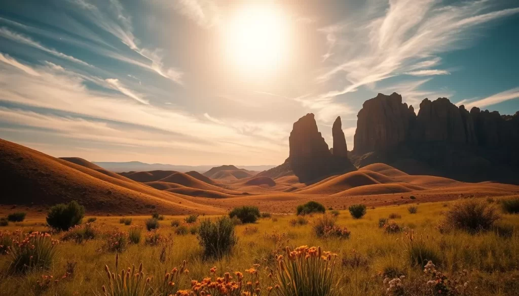 A serene landscape unfolds in Niger, the sun's golden glow illuminating the diverse terrain. In the foreground, lush grasslands sway gently, dotted with vibrant wildflowers. The middle ground reveals rolling hills, their undulating curves painted in shades of ochre and sienna. Towering, jagged rock formations rise majestically in the background, casting dramatic shadows across the scene. The sky, a brilliant azure canvas, is punctuated by wispy cirrus clouds drifting lazily. This peaceful, weathered tableau captures the essence of Niger's captivating monthly climate, inviting visitors to experience the natural beauty of this enchanting land.