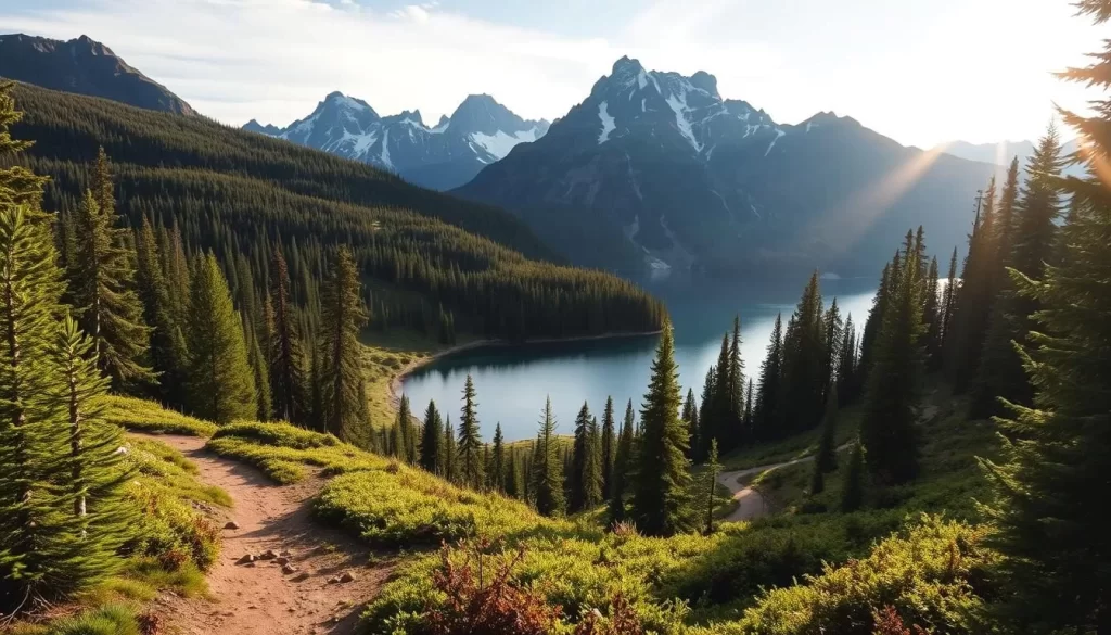 A serene landscape with a hidden lake nestled amidst lush evergreen forests and rugged mountains. The trail winds through the verdant undergrowth, leading hikers towards the tranquil shores. Sunlight filters through the canopy, casting a warm, golden glow over the scene. In the distance, snow-capped peaks rise majestically, their jagged silhouettes reflected in the still waters of the lake. Winding pathways invite exploration, beckoning adventurers to discover the hidden gems of this picturesque wilderness. A sense of tranquility and natural wonder pervades the air, inviting the viewer to embark on an enchanting hike through this pristine, untouched landscape.