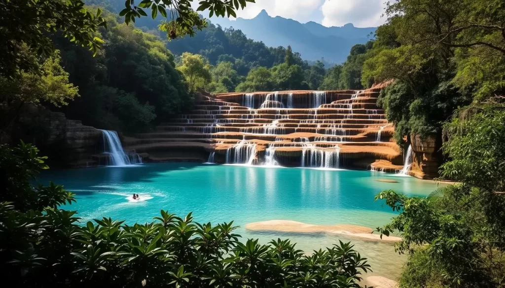 A serene landscape with the renowned Semuc Champey pools, their turquoise waters cascading over a lush, verdant limestone formation. Sunlight dances across the glistening surface, illuminating the intricate terraces and natural steps carved by the flowing river. Dense, verdant foliage frames the scene, creating a sense of tranquility and seclusion. In the foreground, crystal-clear pools invite visitors to swim and explore the captivating natural wonder. The middle ground showcases the main limestone bridge, its layers of vibrant blue and green hues contrasting with the earthy tones of the surrounding jungle. The background features towering, mist-shrouded mountains, completing the idyllic, serene atmosphere of this Guatemalan paradise.