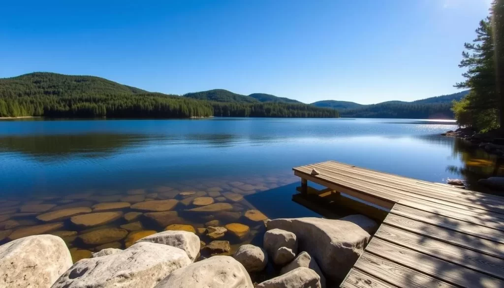A serene limestone lake nestled among lush evergreens, reflecting the clear blue sky above. Sunlight dances across the tranquil waters, illuminating the smooth, weathered rocks that line the shore. In the distance, rolling hills rise up, their slopes blanketed in a verdant tapestry of trees. A wooden dock juts out into the lake, inviting visitors to take in the peaceful ambiance and breathe in the fresh, pine-scented air. The scene exudes a sense of tranquility and natural beauty, perfectly capturing the allure of Little Limestone Lake.